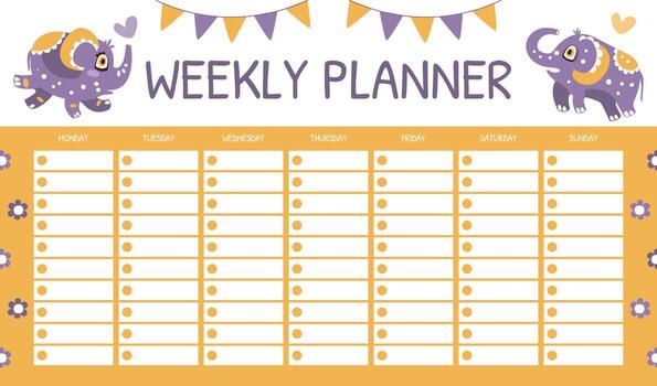 Weekly Planner with Cute Elephant Character with Trunk and Tusks Template vector