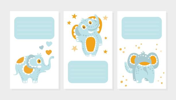 Lined Card with Cute Blue Elephant Character with Trunk and Tusks Template vector