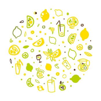 Fresh Healthy Lemonade and Citrus Fruits Seamless Pattern in Circular Shape, Refreshing Summer Drinks Illustration vector