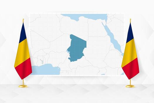 Map of Chad and flags of Chad on flag stand. vector