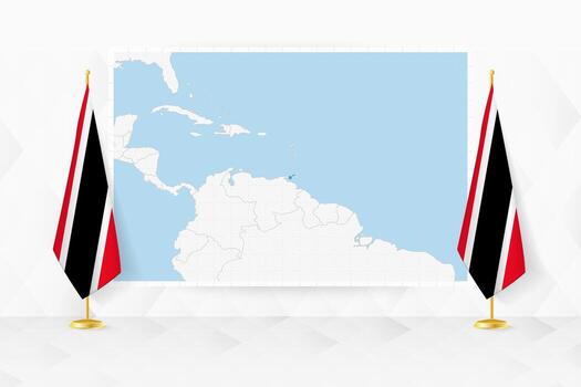 Map of Trinidad and Tobago and flags of Trinidad and Tobago on flag stand. vector