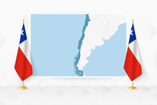 Map of Chile and flags of Chile on flag stand. vector