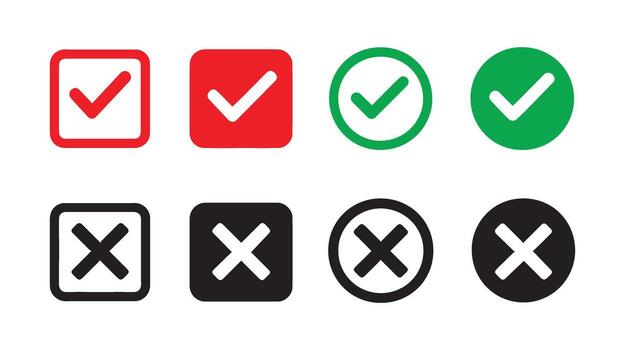 Red Green Black White Checkmark Cross Icons Square Circle Symbols Set U I U X Design Elements vector
