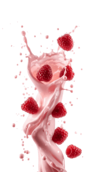 Dynamic cascade of raspberry-infused cream with splashing droplets against an isolated transparent png