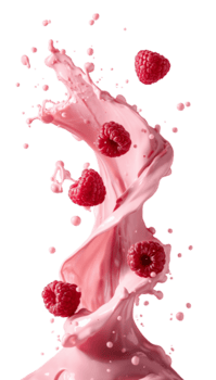 Dynamic splash of pink smoothie with scattered raspberries on clean simple background for design png