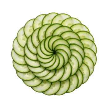 konstnärlig mat presentation av tunt skivad färsk gurka rundor anordnad i ett överlappande spiral rosett mönster isolerat på en transparent bakgrund png