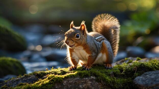 A curious squirrel exploring a mossy rock by a stream, with sunlight filtering through trees in the background photo