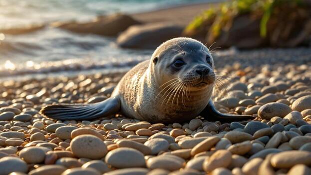 Playful seal resting on a pebbled beach at sunset, with gentle waves lapping in the background photo