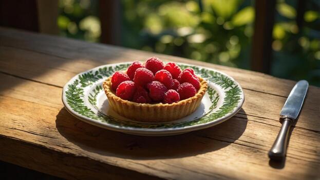 Fresh raspberry tart on a rustic wooden table with greenery in the background, evoking a cozy atmosphere photo