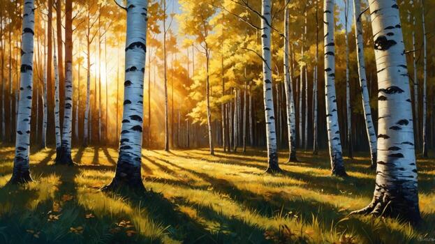 Serene autumn forest with golden sunlight filtering through birch trees, creating long shadows on grass photo