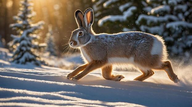 A graceful rabbit running through a snowy forest, sunlight filtering through the trees, creating a serene atmosphere photo