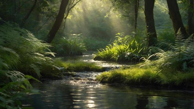 Serene forest scene with sunlight filtering through trees, illuminating a tranquil stream and lush greenery photo