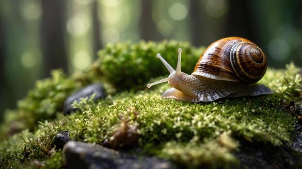 Close-up of a snail crawling on lush green moss in a serene forest setting with soft sunlight filtering through trees photo