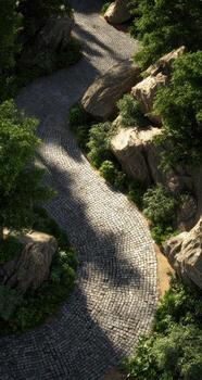 A cobblestone path in the woods with trees and rocks photo