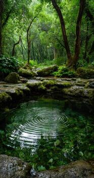 A pond surrounded by green trees in the forest photo