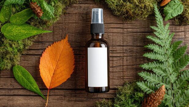 A bottle of essential oil on a wooden background with leaves and ferns photo