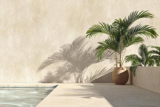 A pool with a palm tree and a potted plant photo