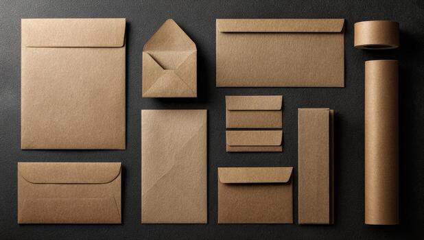 Various brown paper envelopes and paper on a black background photo