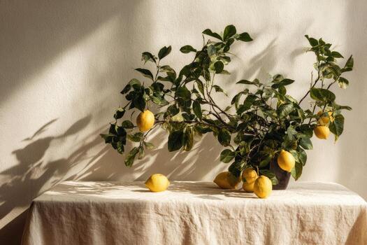 un en conserva limón árbol en un mesa con luz de sol foto