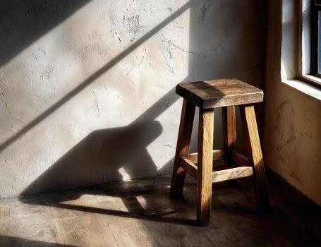 A wooden stool sitting in front of a window photo