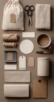 Various items laid out on a table, including a bag, scissors, and paper photo