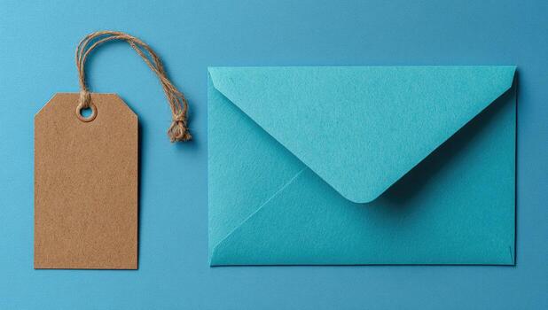 An envelope with a tag and a blue envelope photo