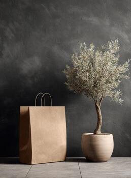 A paper bag and a small tree in a pot on a table against a black wall photo