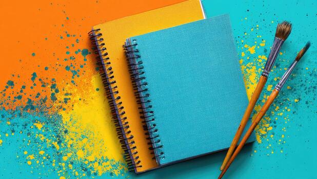 Notebook, paintbrush and paintbrush on turquoise and orange background photo
