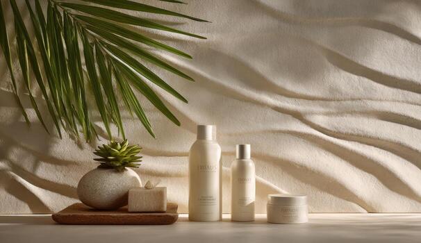 A white wall with a palm tree and some products photo