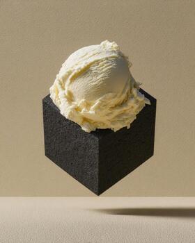 A black block with a scoop of ice cream in it photo