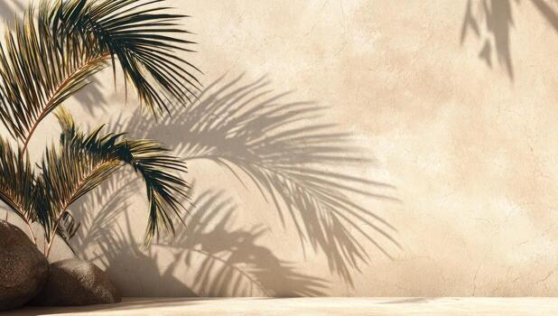 A palm tree and some rocks in front of a wall photo