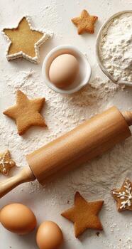 Ingredients for baking cookies and eggs on a table photo