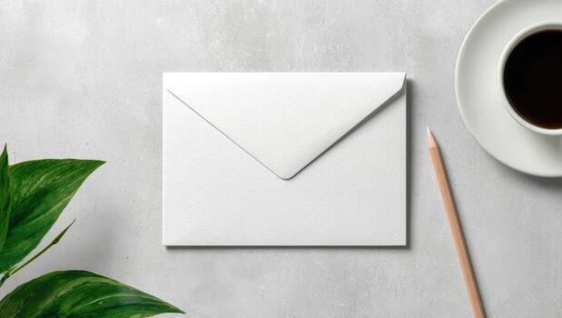 White envelope with pencil and coffee on concrete background photo