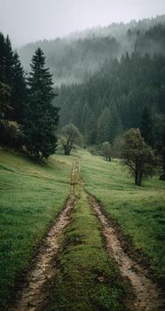 A dirt road in a green field with trees photo