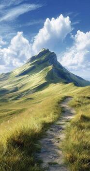 A path leading to a mountain with grass and clouds photo