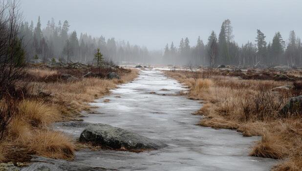 A stream running through a field with trees and grass photo