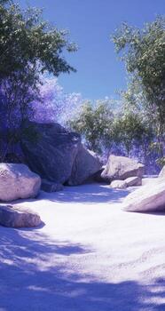 A purple landscape with rocks and trees photo