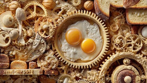 An image of eggs and bread in a clockwork mechanism photo
