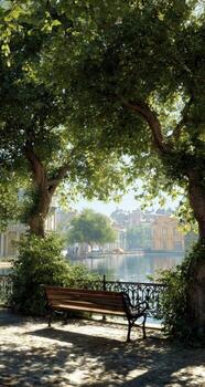 A bench under a tree near a lake photo