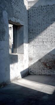A man sitting in a room with a window and a brick wall photo
