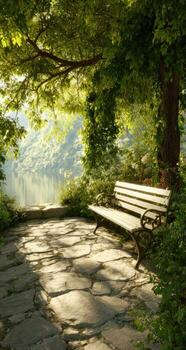 A bench sitting under a tree in a park photo