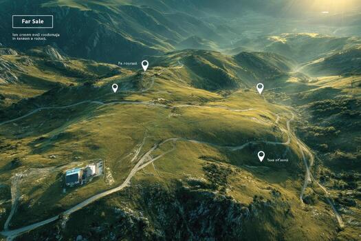 un mapa de un montaña rango con un la carretera y un pocos edificios foto