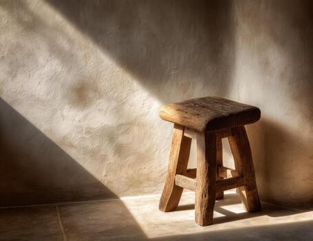 A stool sitting in front of a wall photo