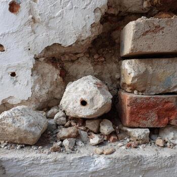A wall with a hole in it and some bricks photo
