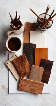 Various wood samples on a table with a cup of coffee photo