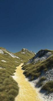 A yellow path in a grassy field photo