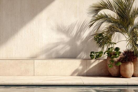 A pool with a palm tree and two pots photo
