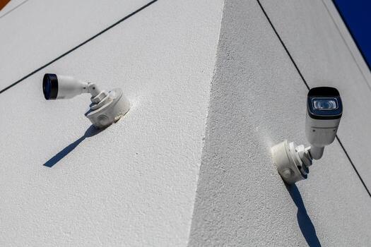 Two security cameras mounted on a sharp corner of a white building, capturing activity in the surrounding area during the day photo