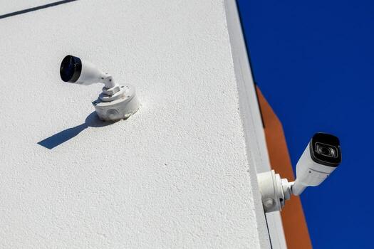 Two security cameras are installed on the corner of a contemporary building, monitoring the surroundings under a clear blue sky photo