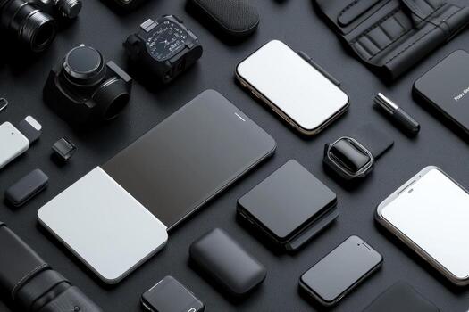 A variety of electronic devices are arranged on a table photo